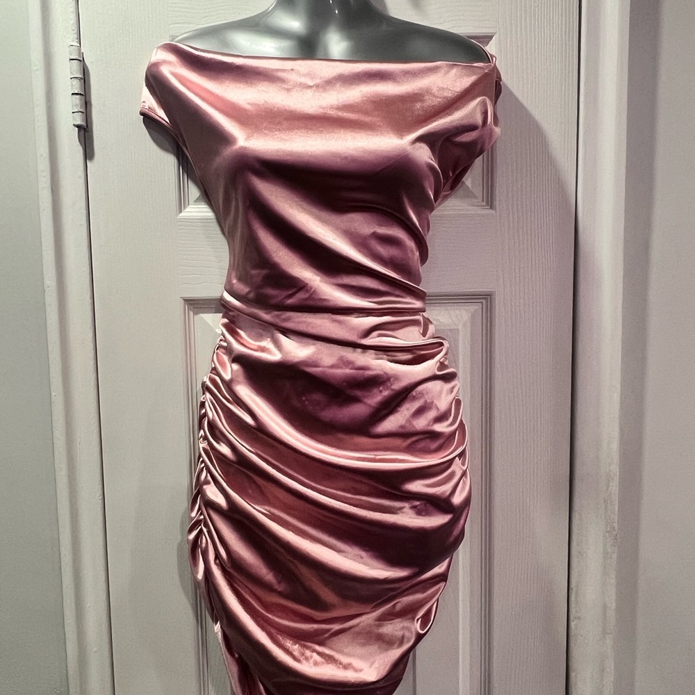 SHEIN Satin Pink Off-Shoulder Mini Dress